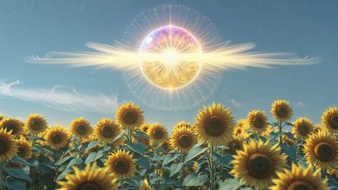 Glowing celestial god sphere hovering over sunflower field