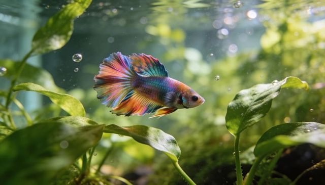 Rainbow betta swimming in lush planted freshwater aquarium, vibrant iridescent fins