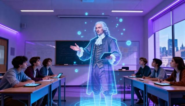 Holographic lecturer teaching teen students in futuristic classroom with tablets and projection