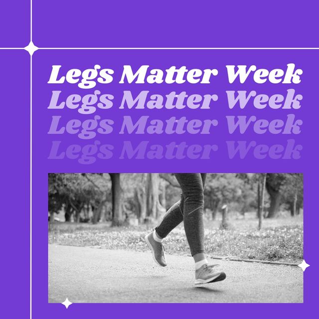 Image of legs matter week over violet background with photo of legs of running woman. Woman leg health awareness concept.