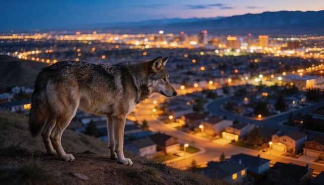 Lone wolf standing overlooking suburban nightscape and glowing city lights at dusk