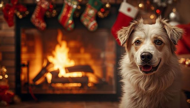 Innocent Dog Relaxing by Warm Holiday Fireplace with Festive Stockings