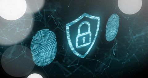 Glowing shield with padlock and floating fingerprint holograms protecting digital identity