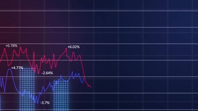 Animation depicts fluctuating financial data over a grid, symbolizing dynamic market changes. Useful for presentations, financial analysis reports, business forecasts and educational materials related to economic trends and data processing.