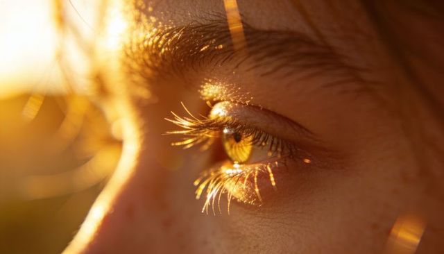 Catching golden hour light in woman eye closeup backlit lashes amber iris sunflare bokeh