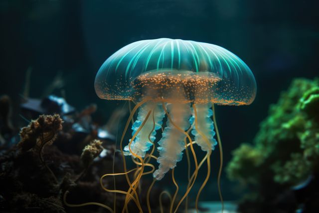Close up of blue glowing jellyfish underwater, created using generative ai technology. Ocean life, fish and beauty in nature concept digitally generated image.