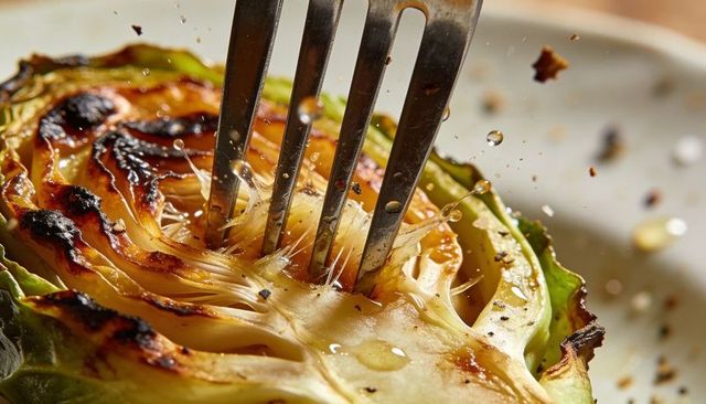 Grilled Cabbage Wedge Pulling Apart with Dripping Olive Oil and Caramelized Edges