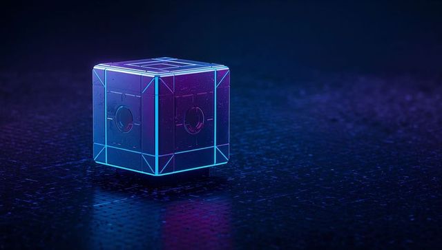 Futuristic neon glowing cube in tech environment