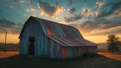 Tranquil Sunset Over Rustic Barn in Countryside