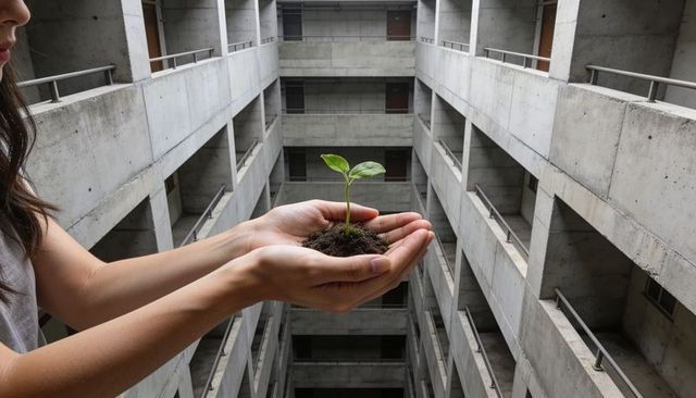 Cradling green seedling in hands over concrete atrium conveying urban sustainable growth