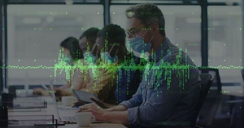 Masked Professionals Analyzing Data Visualizations, Modern Office