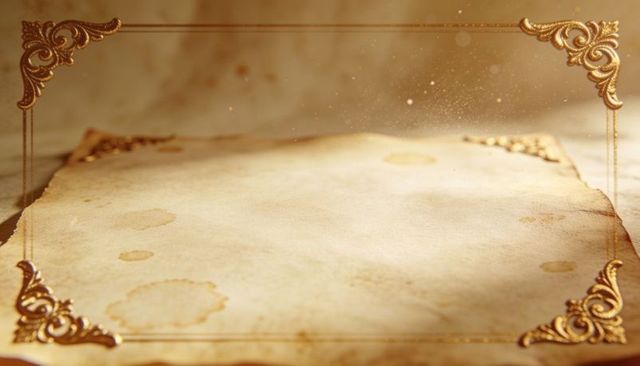 Vintage aged parchment featuring gilded ornate corners, warm sepia light and dust