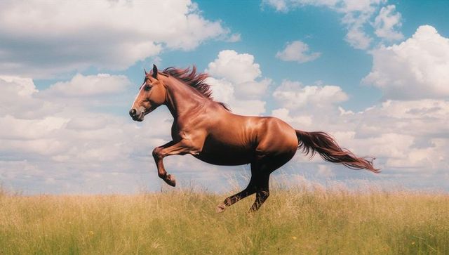 Majestic bay horse galloping through vibrant green meadow