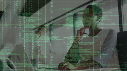 Business Professionals Analyzing Financial Data with Overlay Effects