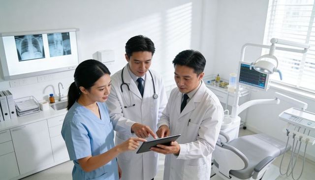 Medical team reviewing tablet with dental x-rays in bright clinic, collaborative care