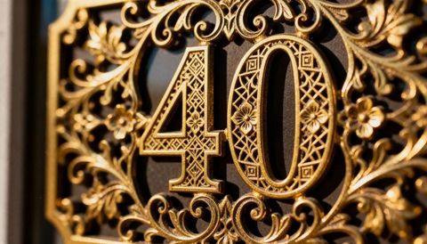 Ornate gold house number 40 on vintage filigree plaque with detailed engraving