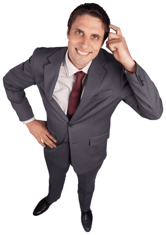 Smiling Caucasian Businessman Scratching Head on Transparent Background