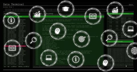 Futuristic Tech Terminal Interface with Interactive HUD Icons