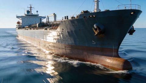 Tanker cutting forward on calm blue ocean showing bulbous bow and anchor