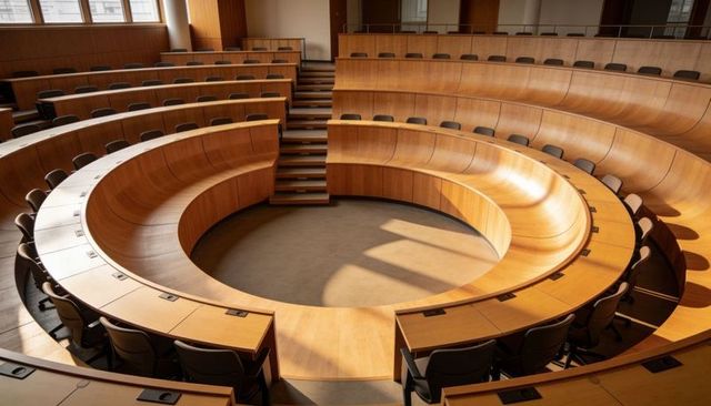 Circular wooden lecture hall with tiered concentric seating and central presentation pit