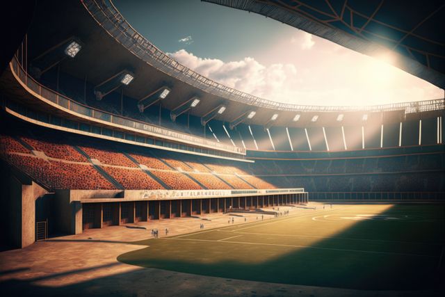 Image shows an expansive, empty sports stadium illuminated by warm sunset light. Ideal for use in articles or promotions related to sports events, architectural design, large outdoor venues, or stadium management. The lighting emphasizes the modern architectural features, making it perfect for marketing materials for sporting events or stadium tours.