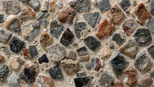 Close-up jasper mosaic wall with polished agate fragments, beige mortar texture, veneer