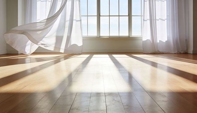 Sunlit Hardwood Floor with Billowing Sheer Curtains and Paned Window
