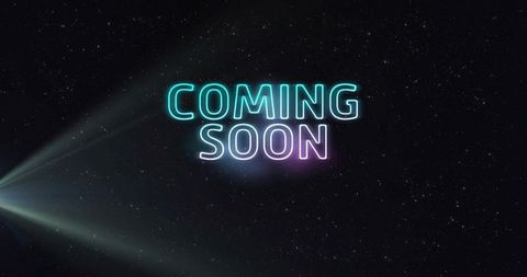 Glowing neon coming soon text over cosmic starfield with cinematic lens flare and halo