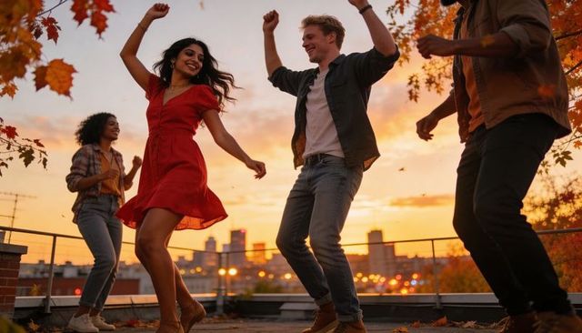 Rooftop sunset dance party with friends celebrating golden hour in urban skyline
