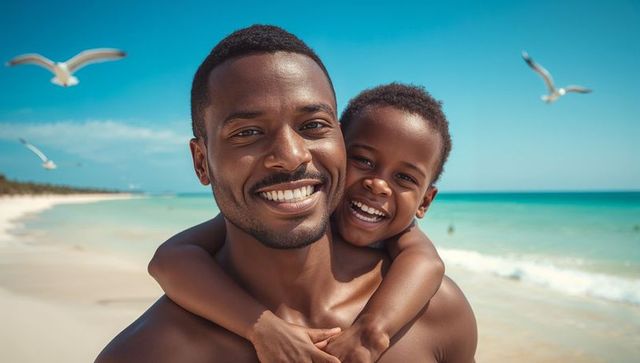 Father and Son Sharing Laughter on a Sunny Beach Day