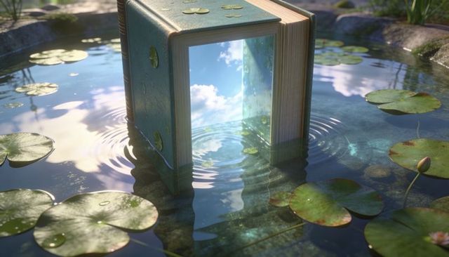 Teal book revealing sky portal in sunlit pond with lily pads, surreal dream gateway