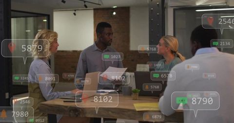 Leading business meeting with ar data overlays, team collaborating in modern office