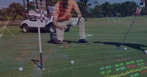 Businessman aligning golf shot with stock market overlay