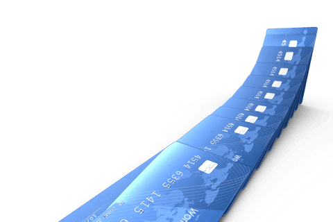 Array of blue credit cards on transparent background