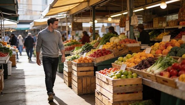 Man walking through sunlit outdoor market stalls with fresh produce in wooden crates