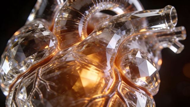 Glowing faceted glass heart emitting warm amber core light with tubular vessels, macro
