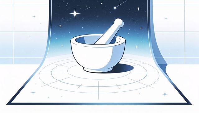 Ceramic mortar and pestle on concentric grid with cosmic starry backdrop, minimal surreal