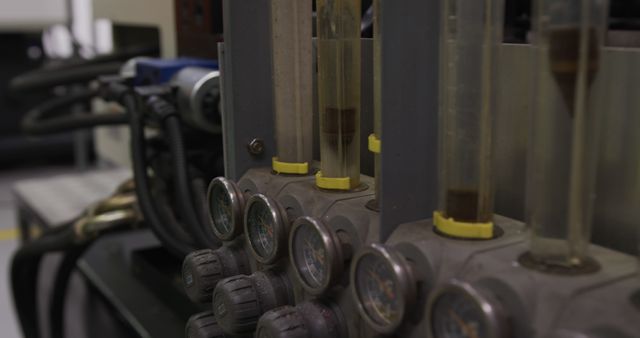 Close-up view of industrial machinery featuring pressure gauges, control knobs, and tubes. Suitable for illustrating manufacturing processes, industrial technology, and engineering environments in factories. Ideal for use in articles, advertisements, and educational materials focusing on industry and production systems.