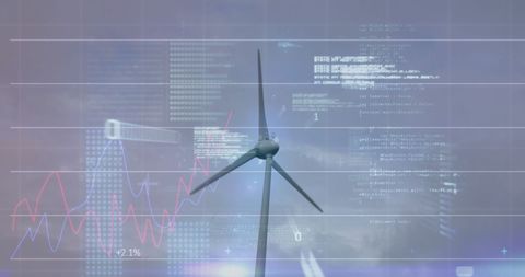 Wind Turbine with Digital Data Overlay Illustrating Sustainability