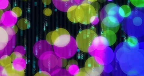 Neon Circles Swirling with Binary Code on Futuristic Backdrop