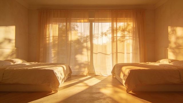 Bathing twin platform beds in warm golden-hour light with sheer curtains and soft shadows