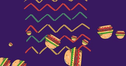 Colorful hamburger pattern with zigzag lines on purple background