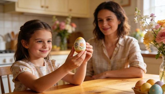 Mother Daughter Admiring Hand-Painted Easter Egg at Sunny Kitchen Table with Spring Flowers