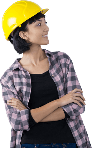 smiling female architect in checked shirt with yellow hard hat transparent - Download Free Stock Videos Pikwizard.com