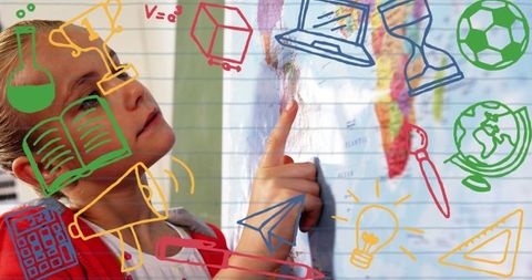 Schoolgirl Learning Geography with Educational Icons Overlay