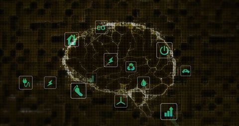 Futuristic Digital Brain Network with Eco Icons on Grid Background