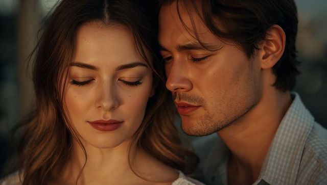 Intimate rooftop couple sharing golden-hour closeness, romantic portrait with soft bokeh