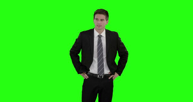 A young Caucasian businessman stands confidently with his hands on his hips against a green screen background, with copy space. His formal attire suggests professionalism and readiness for a corporate environment.