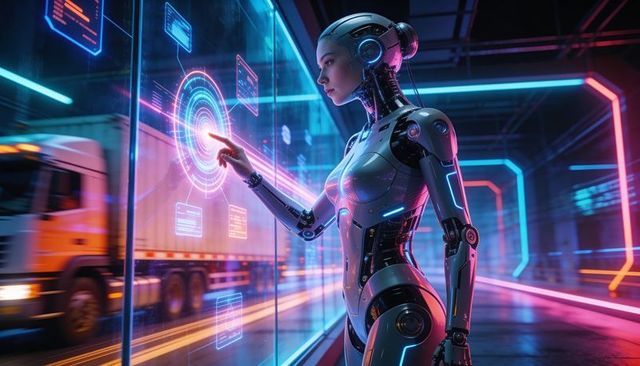 Feminine android operating holographic control ring in neon cargo terminal
