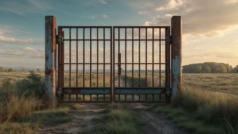 Weathered rusty gate blocking countryside path at sunrise